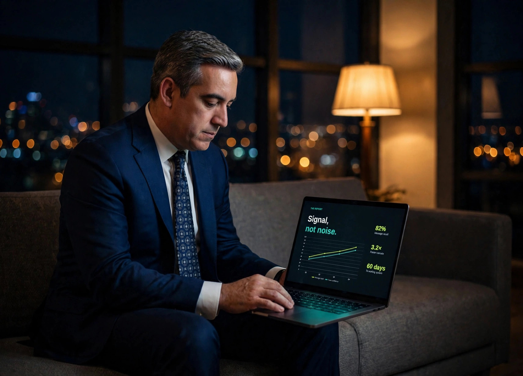 Executive reviewing a line chart slide on a laptop